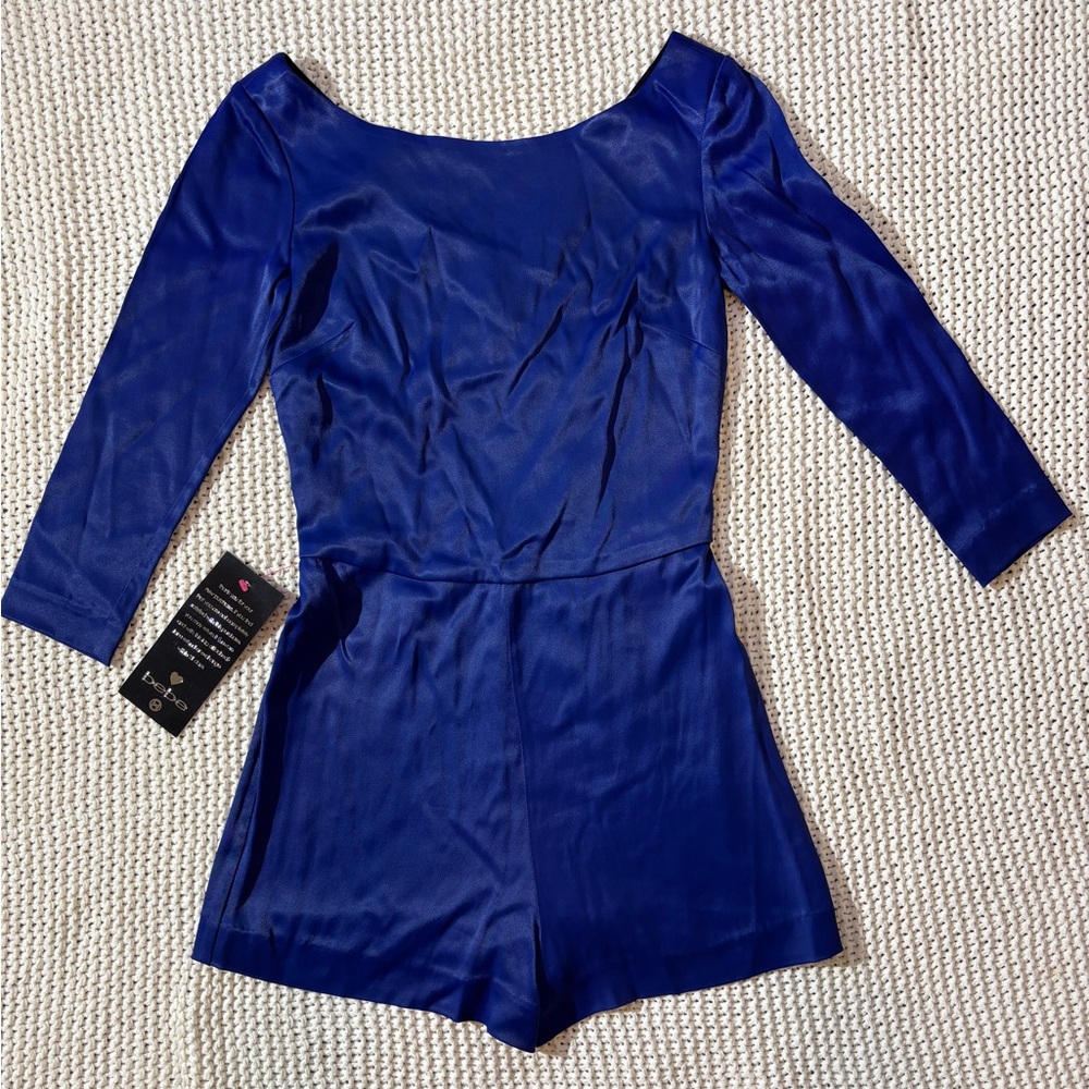 Bebe Satin Royal Blue Criss Cross Back Romper | 3/4 Sleeve | NWT